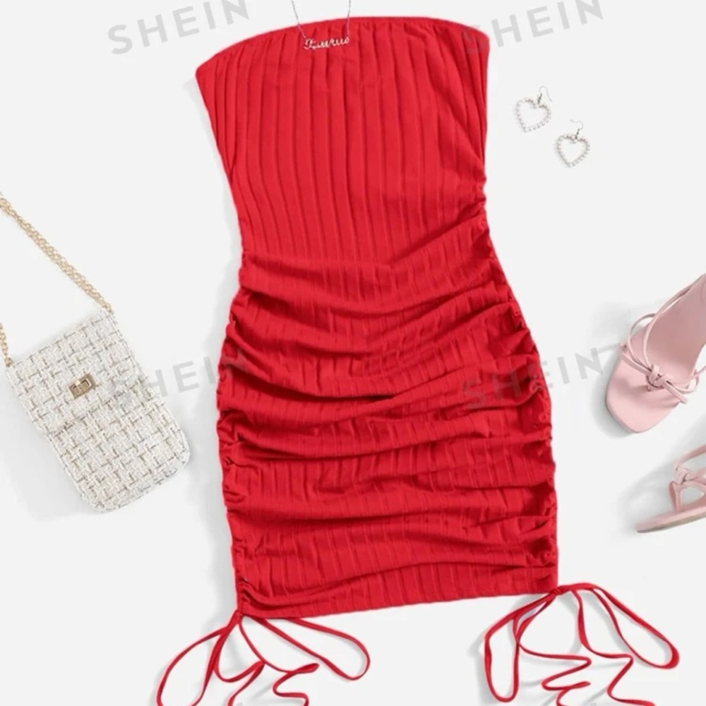 Red Drawstring Ruched Bodycon Dress